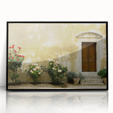 Large abstract wall art depicting the Crete, Greece coastline in muted blue and white tones, framed in black acrylic.