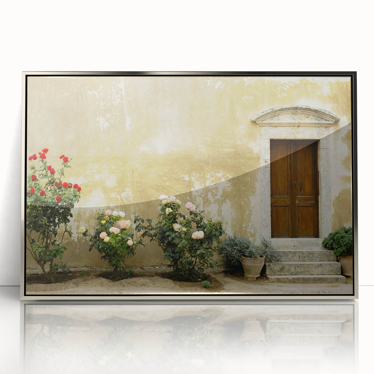 Large acrylic print of a Crete, Greece landscape in muted earth tones, framed in silver, suitable for modern art wall decor.