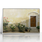 Mid-century modernist art depicting a serene Crete landscape in muted earth tones on a framed acrylic panel.