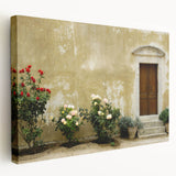 Side view of a stretched canvas depicting a European scenery in Crete, Greece, with vivid blue and white tones.