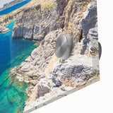 Mid-century modernist acrylic print of a Rhodes, Greece scenery in muted earth tones, ideal for dining room art.