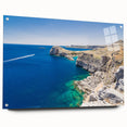 Acrylic print of a scenic Rhodes, Greece landscape in soft blue and white tones, suited for dining room decor.