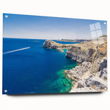 Acrylic print of a scenic Rhodes, Greece landscape in soft blue and white tones, suited for dining room decor.