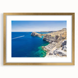 Abstract art print of a European scenery in Rhodes, Greece, with muted blue and white tones on a framed gold mat.