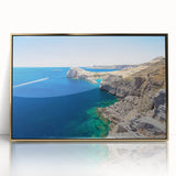 Art deco poster of Rhodes, Greece, in muted gold and blue tones on framed acrylic, suitable for modern art wall decor.