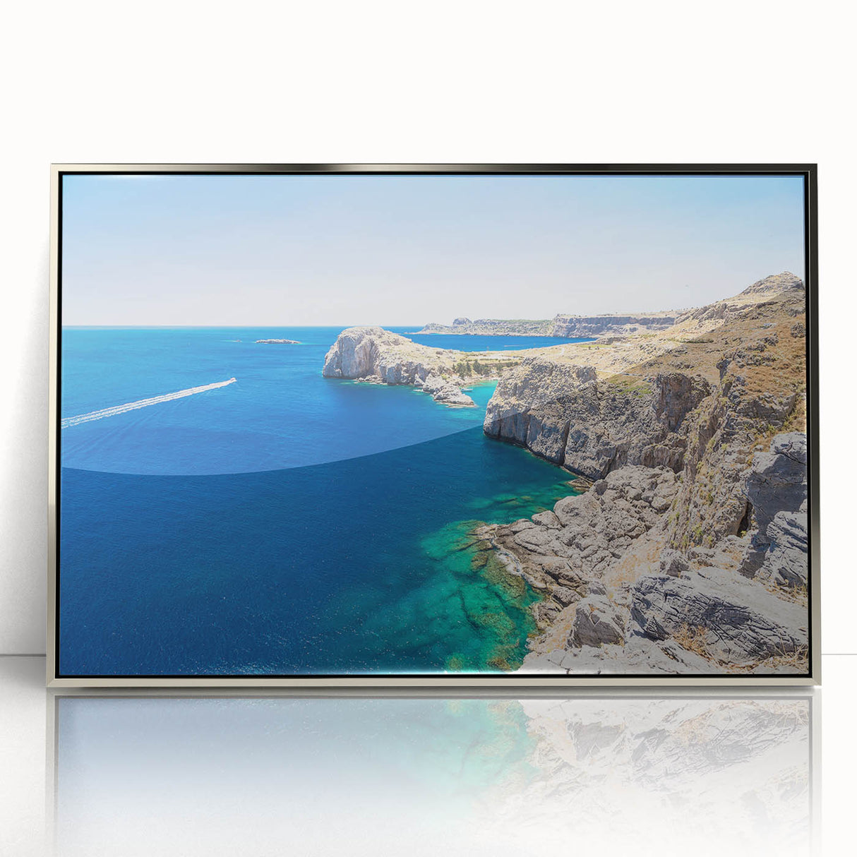 Framed acrylic print of a serene Rhodes, Greece landscape in muted earth tones, ideal for modern art wall decor.