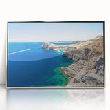 Framed acrylic print of a serene Rhodes, Greece landscape in muted earth tones, ideal for modern art wall decor.