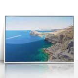 Mid-century modernist art depicting a European landscape in Rhodes, Greece with muted earth tones on a framed acrylic.