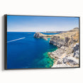 Black and white landscape art of Rhodes, Greece on framed canvas, ideal for bedroom wall decor.