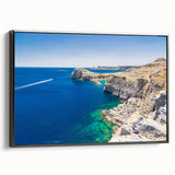 Black and white landscape art of Rhodes, Greece on framed canvas, ideal for bedroom wall decor.