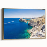 Framed canvas depicting a vintage-style landscape of Rhodes, Greece, in muted gold and black tones.