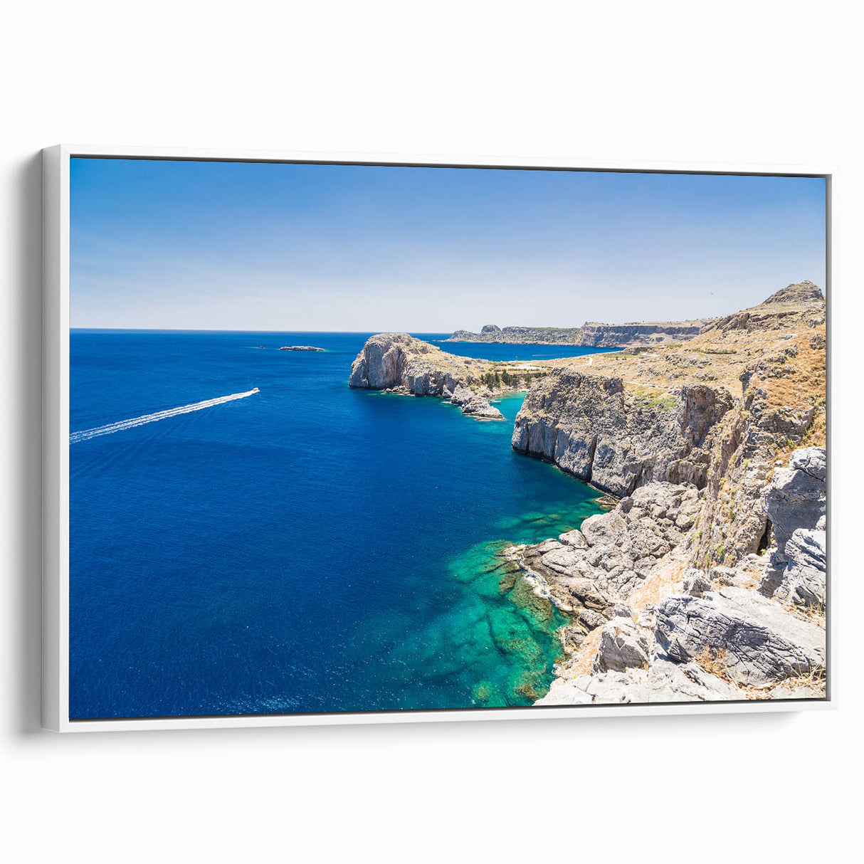 Vintage poster art of Rhodes, Greece in vibrant colors on a framed canvas, suitable for living room decor.