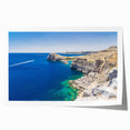 Extra large rolled print of a scenic Rhodes landscape with vibrant blue and white tones, ideal for dining room decor.