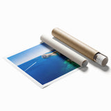 Extra large rolled print of a scenic Rhodes landscape with vibrant blue and white tones, ideal for classy bathroom wall art.