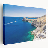 Large art print of a scenic Rhodes, Greece landscape in muted blue and white tones on stretched canvas.