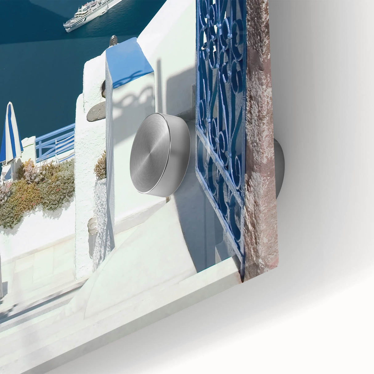 Acrylic print of Santorini landscape in pastel blues and whites, suitable for bedroom or dining room decor.