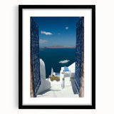 Extra large abstract art print of Santorini with vibrant colors on a black framed canvas, ideal for living room decor.
