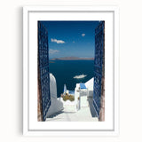 Textured art print of Santorini landscape in pastel shades on a framed white mat, suitable for bedroom wall decor.