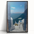 Large abstract wall art of Santorini with vibrant blue and white tones, framed in black acrylic.