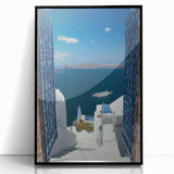Large abstract wall art of Santorini with vibrant blue and white tones, framed in black acrylic.
