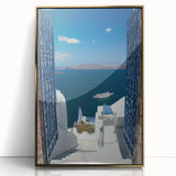 Framed acrylic print of Santorini scenery in gold and blue tones, ideal for modern art wall decor.