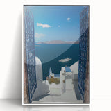 Mid-century modernist art depicting Santorini landscape in muted blue and white tones on framed acrylic.