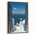 Black and white framed canvas of Santorini landscape, ideal for bedroom wall art in a vintage poster style.