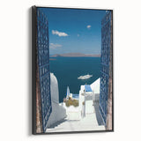 Black and white framed canvas of Santorini landscape, ideal for bedroom wall art in a vintage poster style.