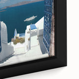 Extra large framed canvas featuring a textured depiction of Santorini, Greece, with vivid blue and white tones.