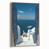 Framed canvas landscape art painting of Santorini, Greece, featuring vibrant blue and white tones.