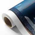 Art deco poster of Santorini scenery on rolled canvas, featuring blue and white tones, ideal for nursery wall art.