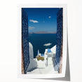 Rolled print of Santorini scenery with white buildings and blue domes against a clear sky, ideal for dining room wall art.