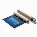 Extra large rolled print of Santorini scenery with vibrant blue and white tones, ideal for classy bathroom wall art.