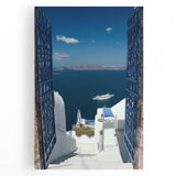 Black and white stretched canvas of Santorini landscape, ideal for kitchen wall art or bedroom ambiance.
