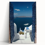 Black and white stretched canvas of Santorini landscape, ideal for kitchen wall art.