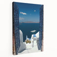 Large art depicting the Santorini landscape in vibrant blue and white on stretched canvas, ideal for kitchen wall art.