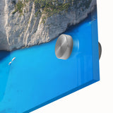 Acrylic print of a mid-century modernist abstract scene in cool blue and white tones, suitable as dining room art.