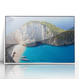 Mid-century modernist art depicting a serene European Greek landscape in muted tones, framed acrylic.