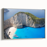 Landscape art painting of a Greek seaside village on framed canvas, featuring muted blues and whites.