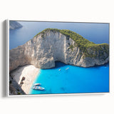 Vintage poster art of a scenic Greek landscape on a framed canvas, featuring vibrant blues and whites.