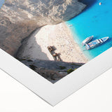 Art deco poster of a European Greek landscape in muted earth tones on rolled canvas.