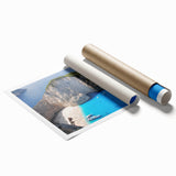 Extra large rolled print of a scenic European Greek village with vivid blue and white tones.