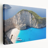 Large art print of a European Greek landscape on stretched canvas, featuring serene blue and white tones.