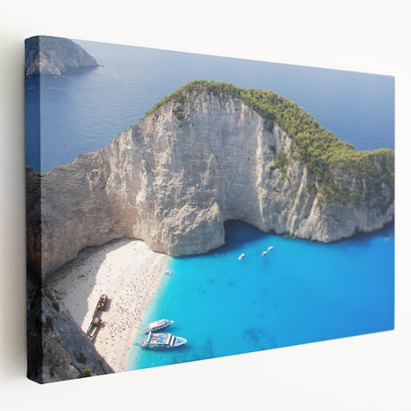 Large art print of a European Greek landscape on stretched canvas, featuring serene blue and white tones.
