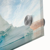 Large abstract wall art of Greenland scenery in muted green tones, acrylic glass, ideal for dining room ambiance.