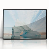 Large abstract wall art featuring a minimalist Greenland scenery in muted green tones on a framed acrylic print.