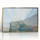 Art deco poster depicting a serene Greenland landscape in muted green and gold tones, framed acrylic print.