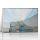 Mid-century modernist art depicting Greenland scenery on framed acrylic, featuring muted green and white tones.