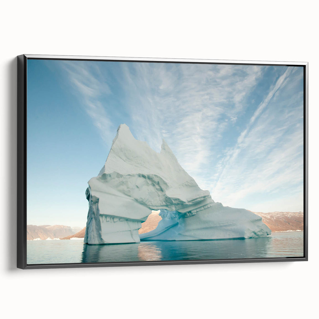 Black and white wall art featuring a vintage poster-style landscape of Greenland on a framed canvas, ideal for bedroom decor.