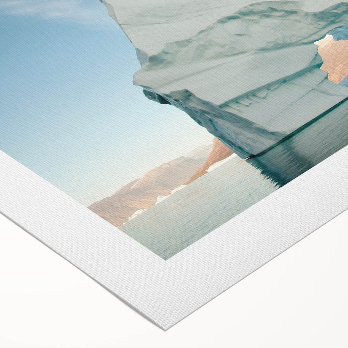 Art deco poster of Greenland scenery on rolled canvas, featuring muted green and blue tones, ideal for dining room wall art.